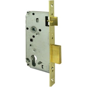 Serratura da infilare t.b.t. per porte interne, color oro, vista dettagliata.
