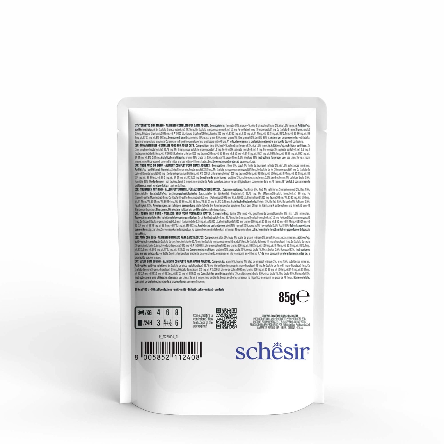 Confezione di cibo umido per gatti t.b.t. con informazioni nutrizionali e logo del produttore.