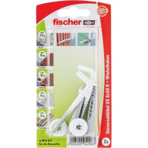 Fischer Tassello universale UX 8x50 con gancio ad angolo, adatto a tutti i materiali da costruzione.