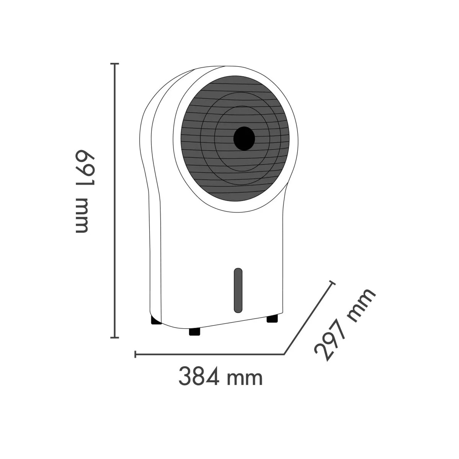 Illustrazione di un ventilatore con dimensioni.