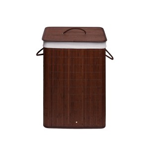 Cesto portabiancheria in bambù marrone con coperchio e maniglie.