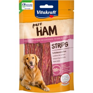 Vitakraft Pure Strisce di prosciutto per cani, confezione da 80g con cane e snack.