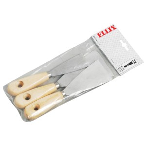 Set di spatole da 3 pezzi con manici in legno e lame antiruggine nella confezione.