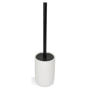 Scopino WC bianco con manico nero per il bagno.