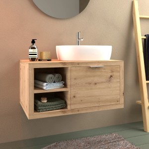 Mobile bagno sospeso in legno con lavabo d'appoggio e asciugamani. Arredo bagno.