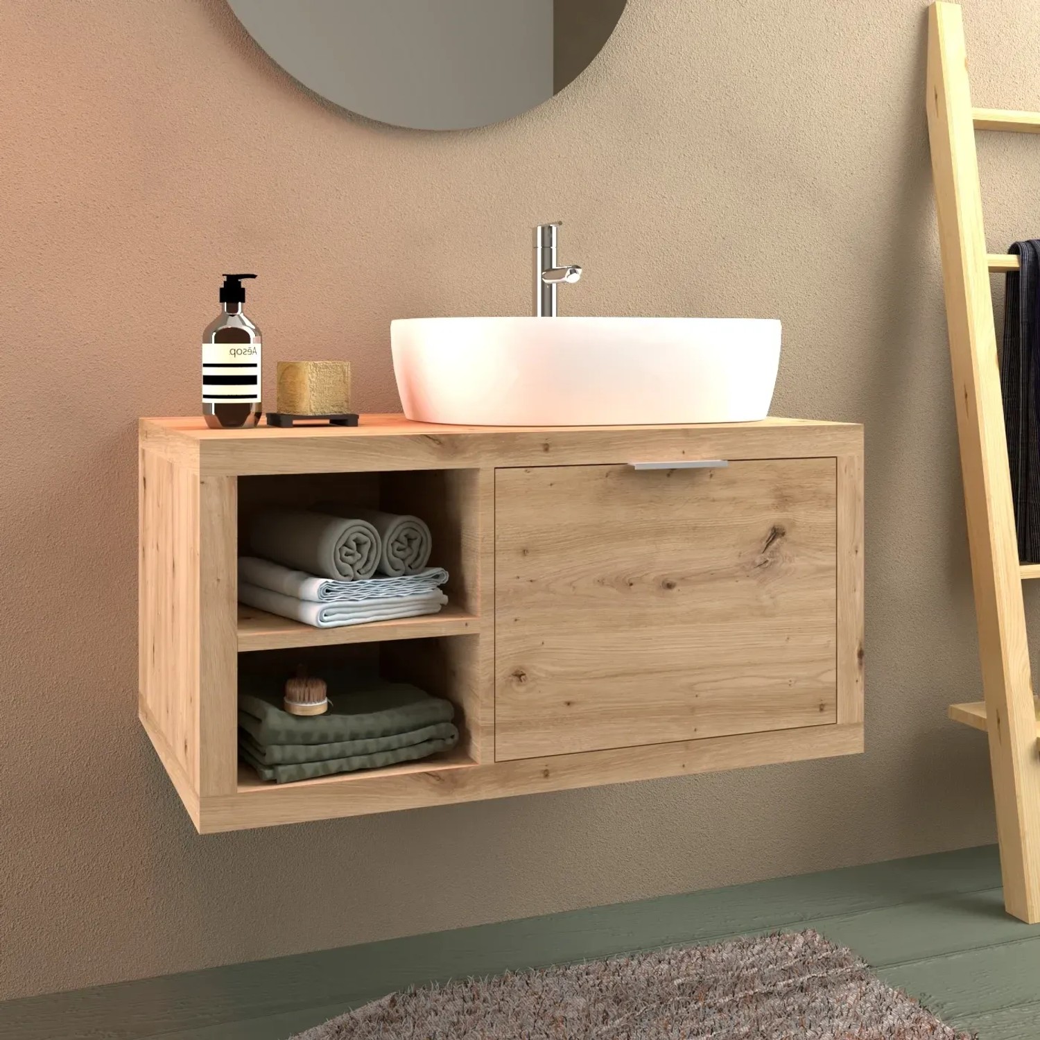 Mobile bagno sospeso in legno con lavabo d'appoggio e asciugamani. Arredo bagno.