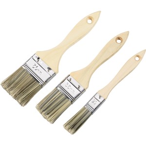 Set di 3 pennelli per verniciatura con manico in legno e setole sintetiche.