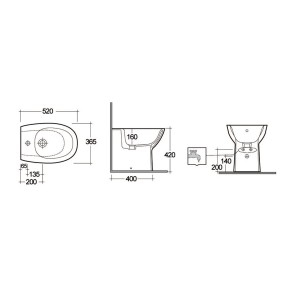 Disegno tecnico del bidet t.b.t. con misure e viste.
