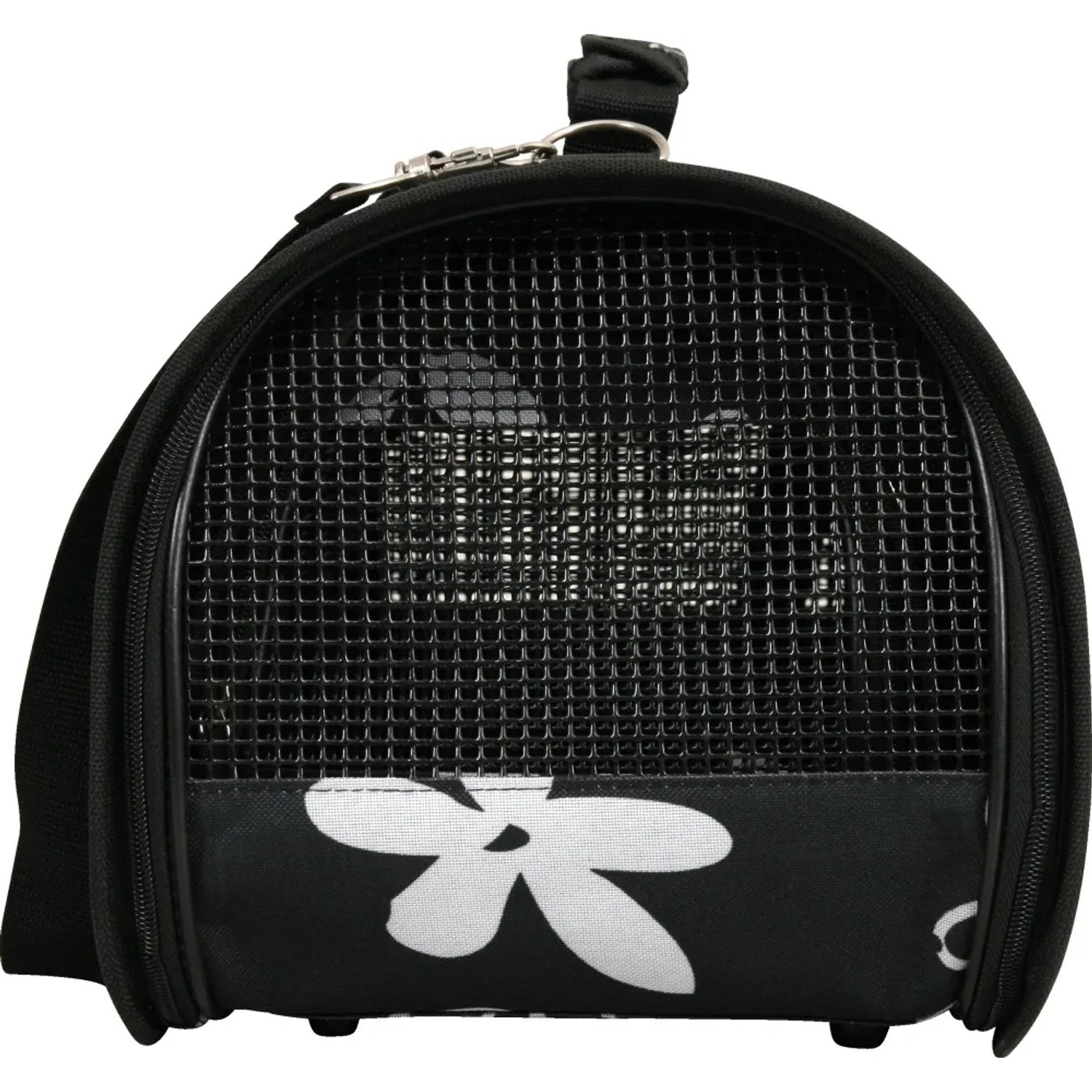 Trasportino nero per cani con motivo floreale e finestra a rete per ventilazione.