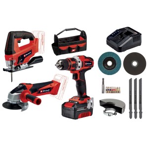 t.b.t. Set di utensili a batteria con trapano avvitatore a batteria, seghetto alternativo, smerigliatrice angolare, caricabatterie e accessori.