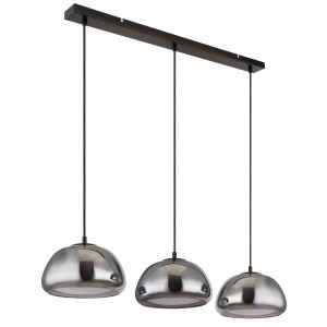 Lampada a sospensione t.b.t. con tre paralumi in vetro grigio e sospensione nera.
