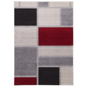 Tappeto moderno con motivo geometrico in grigio, nero e rosso.