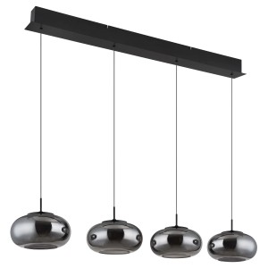 Lampada a sospensione t.b.t. con quattro paralumi in vetro grigio e sospensione nera.
