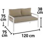 Set lounge divano Noralee, 2 posti, alluminio bianco, con cuscini marroni e dimensioni.