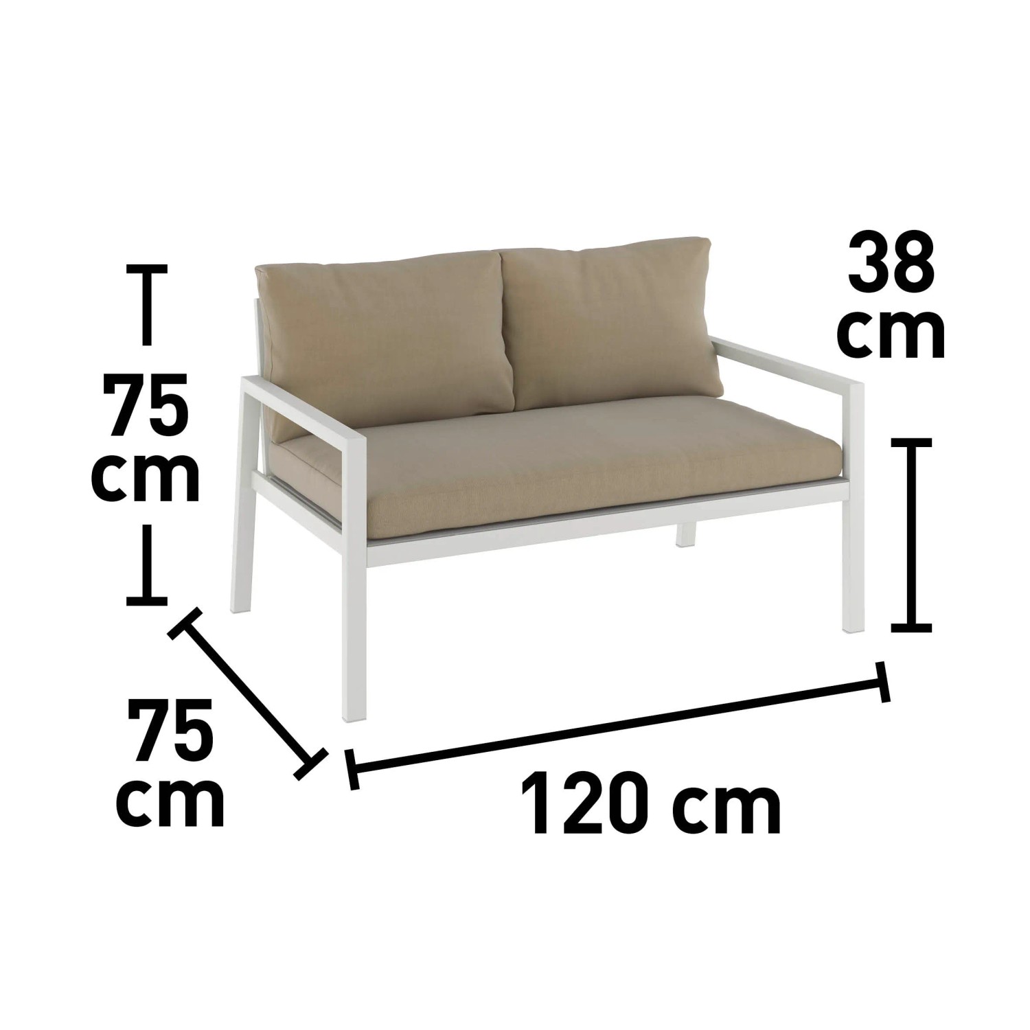 Set lounge divano Noralee, 2 posti, alluminio bianco, con cuscini marroni e dimensioni.