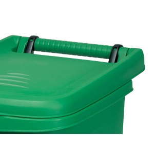 Cestino verde t.b.t. con maniglia sul coperchio.