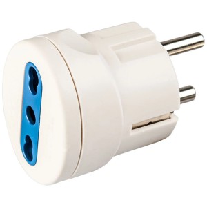 Adattatore bianco con messa a terra e prese blu per prese multiple.