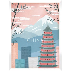 Quadro Quadri con motivo cinese: pagoda, montagne e skyline in colori tenui.