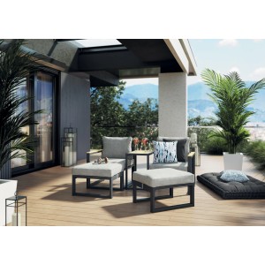 Set lounge Carleton a 5 pezzi antracite con struttura in alluminio, composto da poltrone, sgabelli e tavolino.