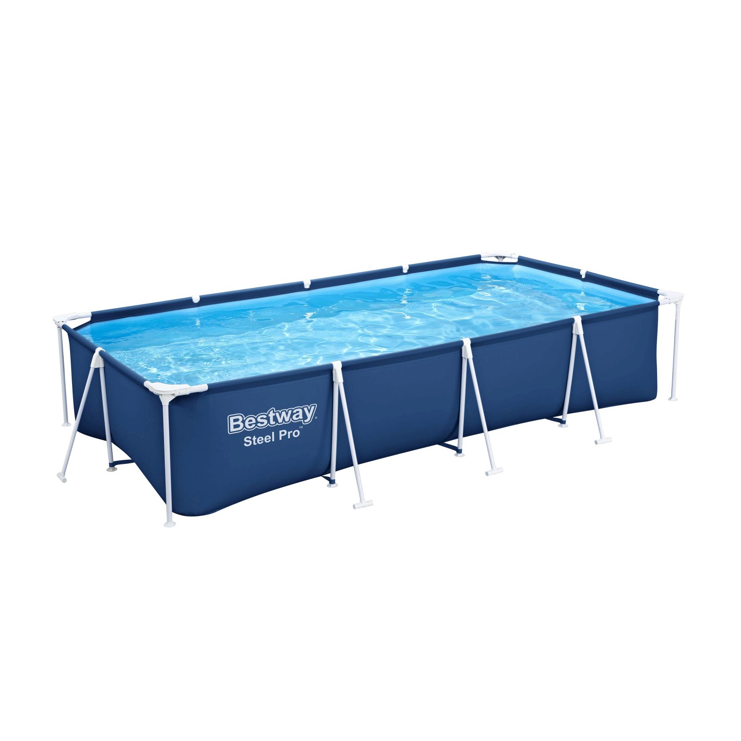 Piscina rettangolare Bestway Steel Pro, telo blu con telaio in acciaio bianco.