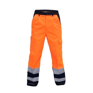 Pantaloni da lavoro t.b.t. arancioni con strisce riflettenti e tasca cargo.