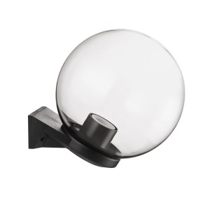 Applique moderna: Lampada da parete con globo in vetro trasparente e supporto nero.