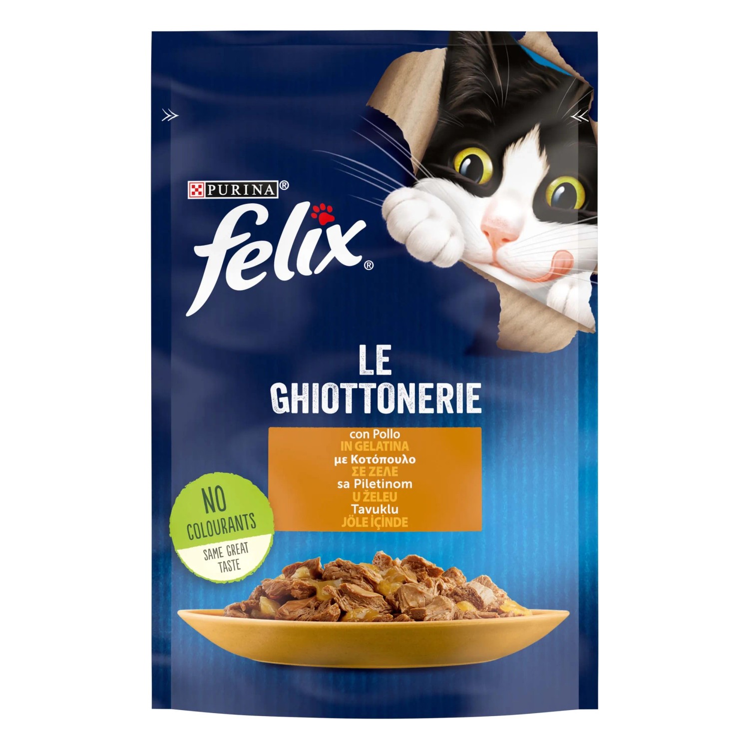 Felix Le Ghiottonerie gatto, alimento umido con pollo in gelatina, alimento completo per gatti.