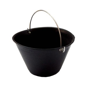 Secchio per malta nero con manico in metallo, utensile per muratori e piastrellisti.