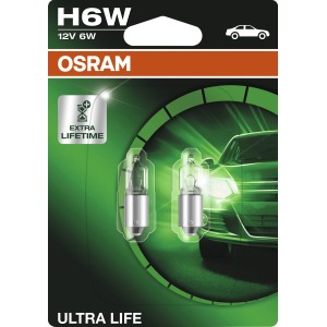 Lampadine di segnalazione Osram Ultra Life GLL H6W in confezione doppia per una lunga durata.