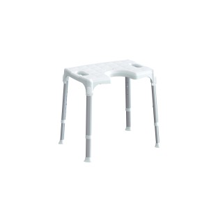 Sgabello da bagno bianco regolabile in altezza per un maggiore comfort.