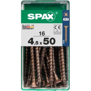 Viti per legno SPAX 4,5x50 mm, 16 pezzi in contenitore di plastica verde.
