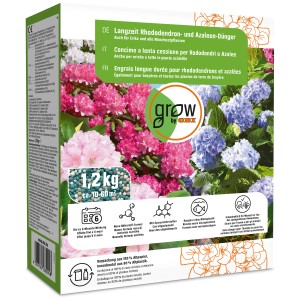 Concime a lenta cessione per rododendri GROW by OBI, confezione da 1,2 kg con fiori di rododendro e ortensia.