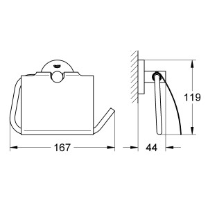 Disegno tecnico: Porta carta igienica Grohe Essentials con coperchio, dimensioni 167x119x44 mm.