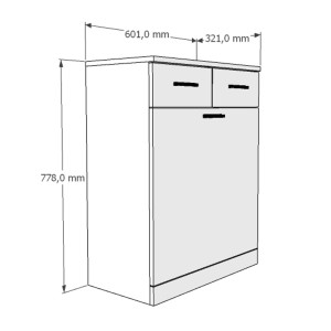 Schizzo di un mobile bagno t.b.t. con cassetti e dimensioni.