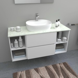 Mobile lavabo con lavabo d'appoggio, cassetti bianchi e vani portaoggetti.