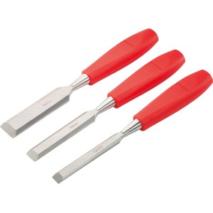 Set scalpelli Ellix, 3 pezzi con manici in plastica rossi, misure 12, 18 e 24 mm.