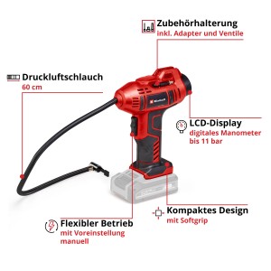 Einhell Power X-Change CE-CC 18 Li-Solo: Compressore rosso senza fili con tubo e display digitale.