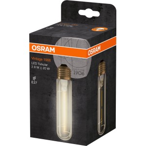Lampadina LED tubolare Osram E27, 2.5W, luce calda, nella confezione del prodotto.
