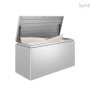 Biohort Loungebox 160 argento metallizzato, aperta con cuscini. Contenitore universale impermeabile per giardino.