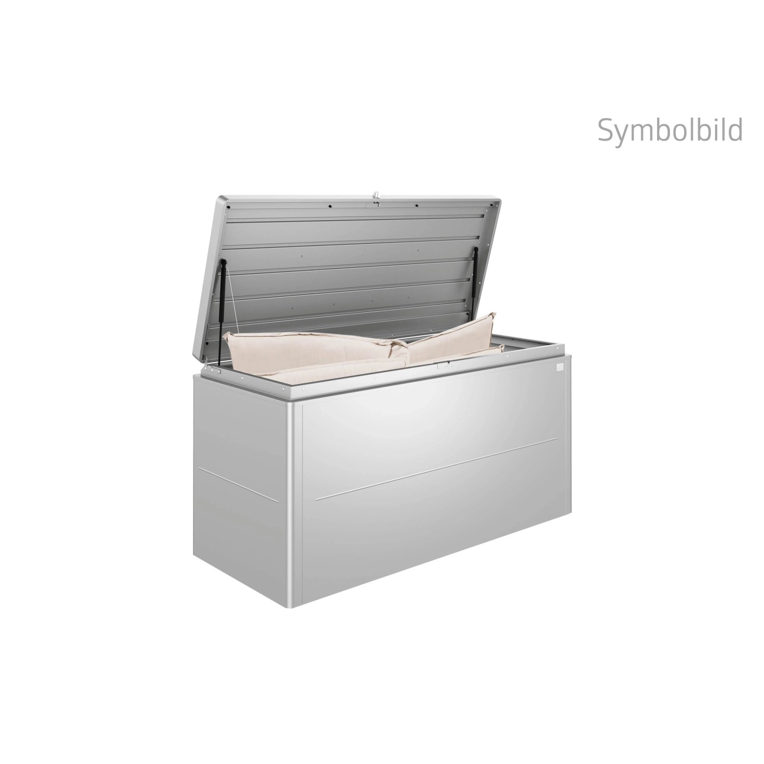 Biohort Loungebox 160 argento metallizzato, aperta con cuscini. Contenitore universale impermeabile per giardino.