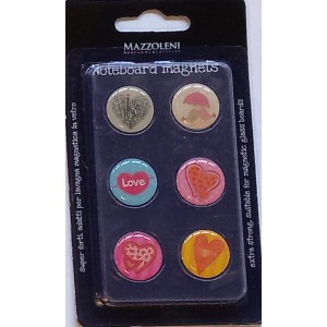 Set di 6 magneti colorati per bacheche magnetiche con vari disegni.