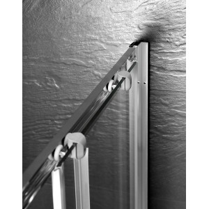 Dettaglio di un angolo del box doccia angolare t.b.t. con focus sulla guida a rulli.