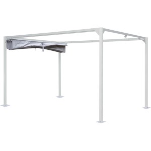 Gazebo t.b.t. bianco con tenda grigia parzialmente estesa.