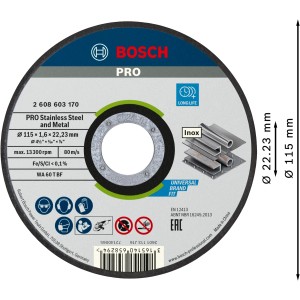 Disco da taglio Bosch Pro 115x1,6 mm per acciaio inox e metallo. Accessorio per smerigliatrice angolare.
