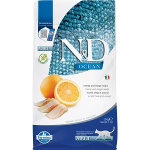 N&D Ocean cibo secco per gatti con aringa e arancia, adatto per gatti adulti.