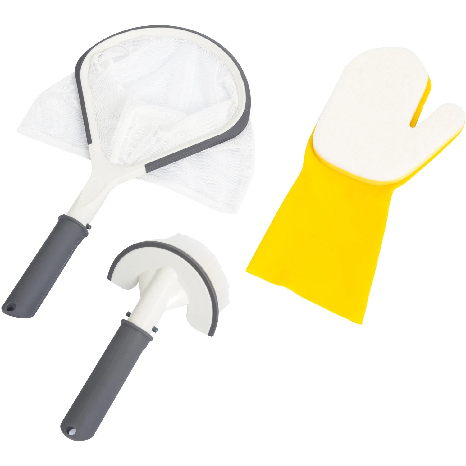 Set pulizia piscina con retino, spazzola e guanto per accessori piscina.