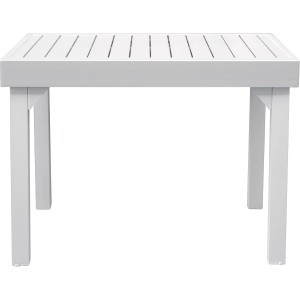 Tavolo da giardino bianco con piano a listelli.