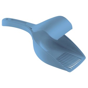 Paletta blu con setaccio per lettiera gatto.