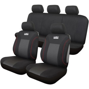 Coprisedili auto neri in set per sedili anteriori e posteriori, accessorio per interni auto.