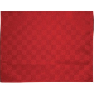 Tovaglia rossa t.b.t. con motivo a scacchiera.